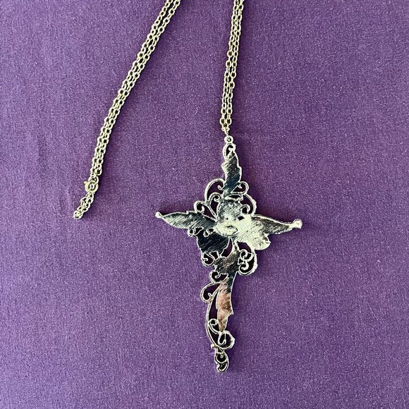 Vintage Ornate Filigree Silver-Tone/Enamel Cross Necklace By Luna - Picture 5 of 6